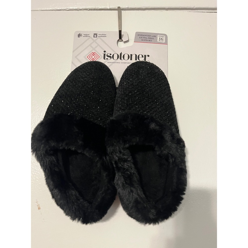 Isotoner Womens Black Sparkle Knit Faux Fur Slippers LG 8.5-9 509KR New